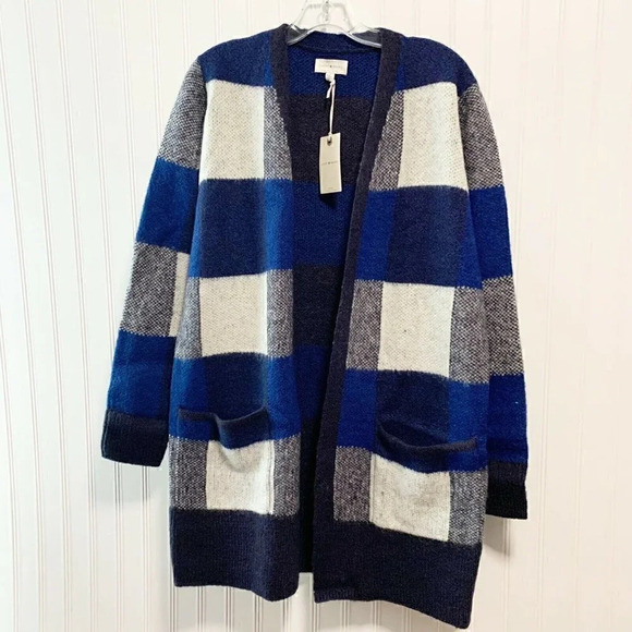 Lucky Brand Size M Blue Buffalo Check Open Front Long Cardigan Sweater NEW! - Picture 4 of 8